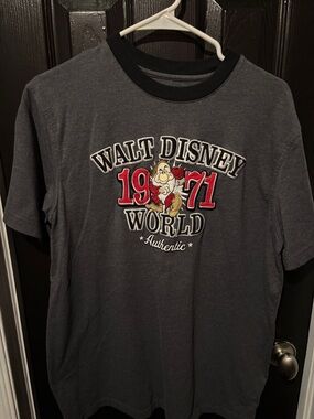 Disney Gray Short Sleeve Tee with Black Collar and Red Embroidered Graphic
